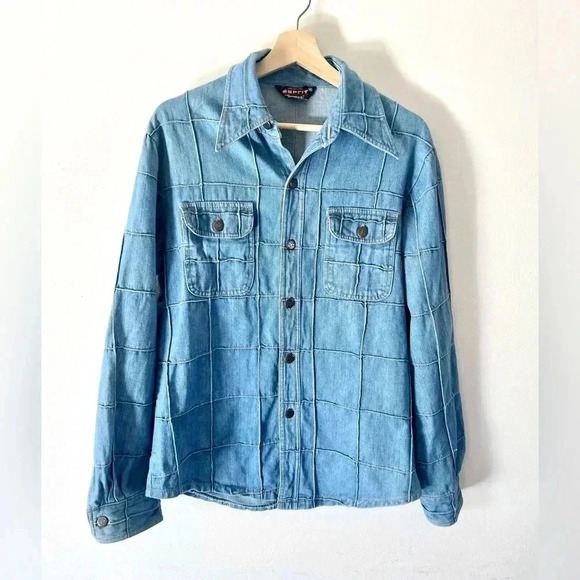 Esprit by Campus Vintage 70s 100% Cotton Denim Patchwork Shirt Jacket Sz Medium - Picture 1 of 15